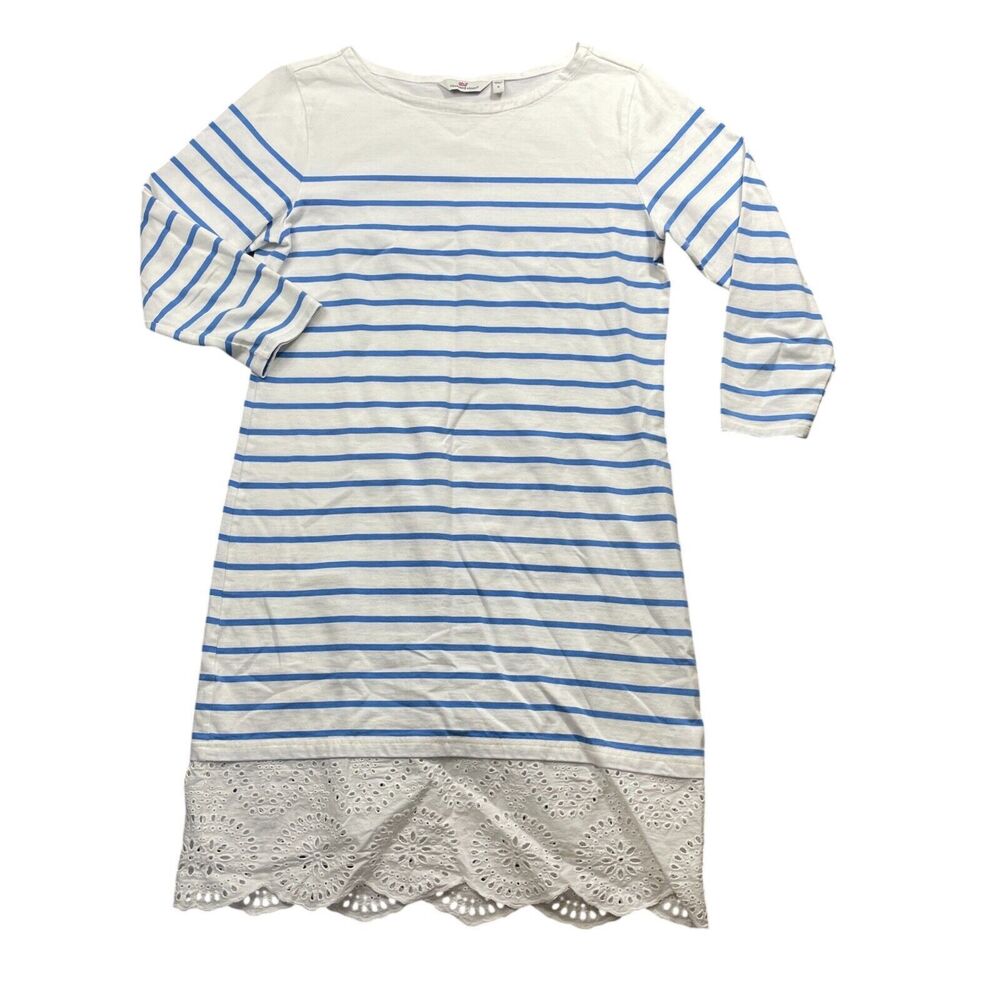 Vineyard Vines Small Blue White Strip Dress Lace Hem 3/4 SLeeve Cotton Blend